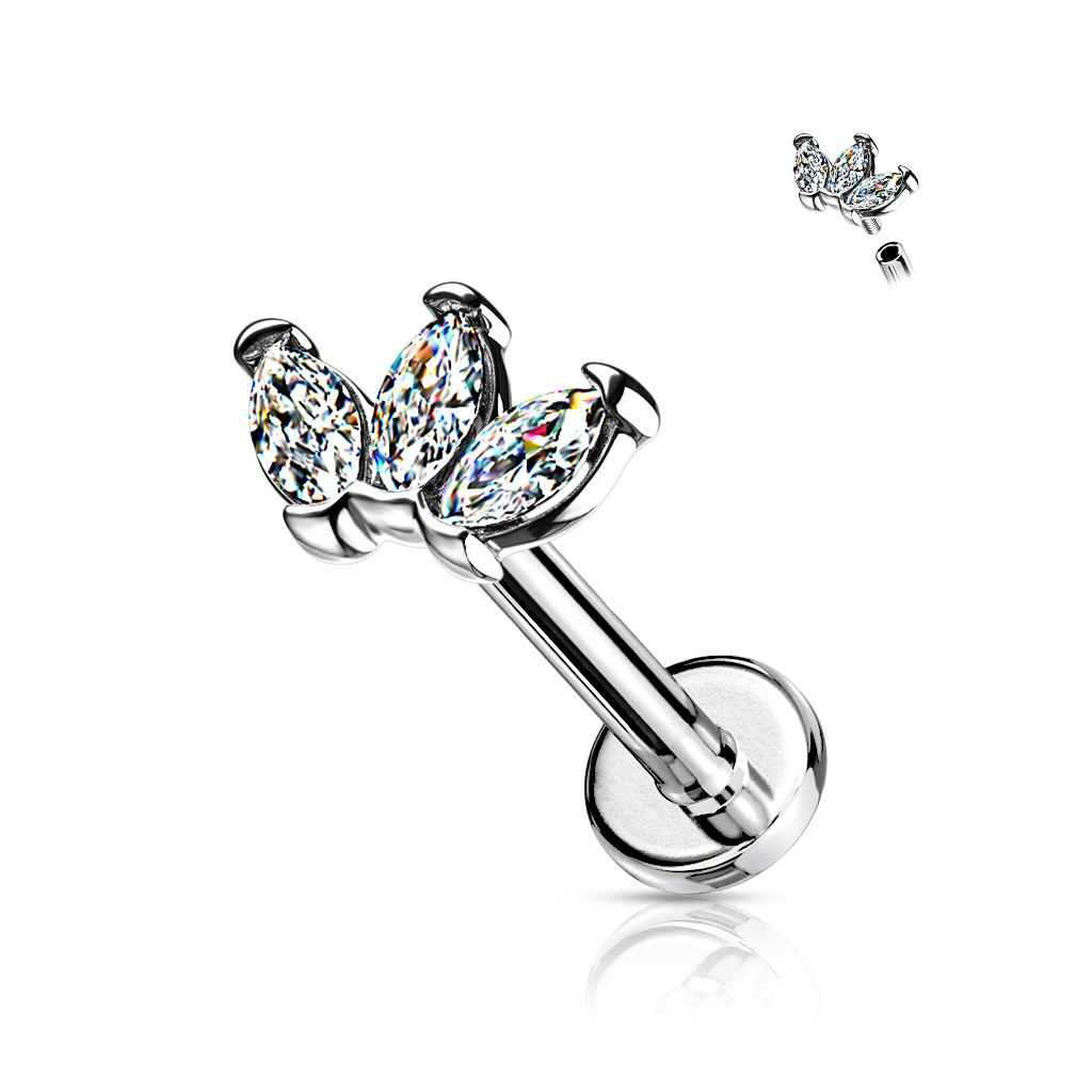 Titanium labret / Flat back piercing 1,2mm Topp med 3st kubisk zirconia
