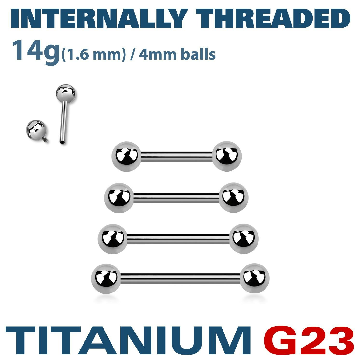 Titanium barbell 1,6mm invändigt gängad med 4mm kulor