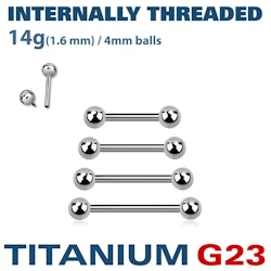 Titanium barbell 1,6mm invändigt gängad med 4mm kulor