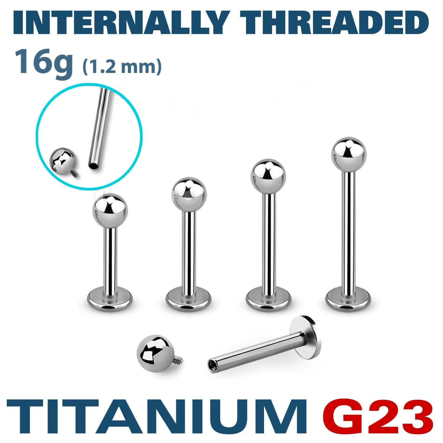 Labret / Flat back piercing i titanium - invändigt gängad 1,2mm med 3mm kula