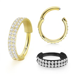 Clicker ring i PVD-pläterad kirurgiskt stål 1,2mm - dubbla rader med kubisk zirconia