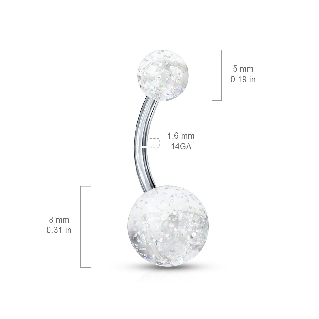 Banana navelsmycke 1,6mm i titanium med 5 & 8mm glitterkulor