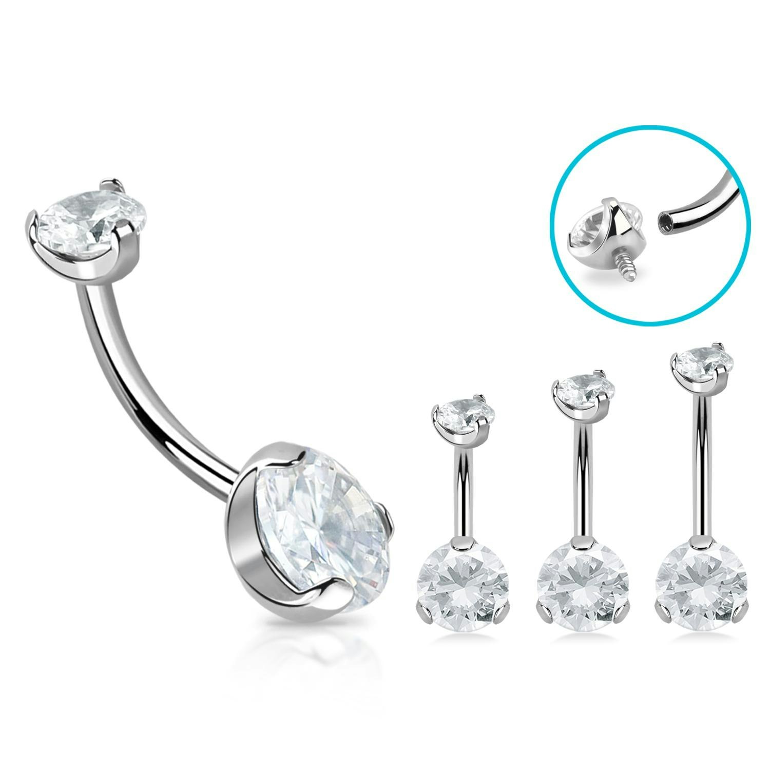 Navelsmycke banana 1,6mm i titanium - invändigt gängad med 8mm klar kubisk zirconia