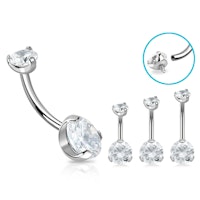 Navelsmycke banana 1,6mm i titanium - invändigt gängad med 8mm klar kubisk zirconia