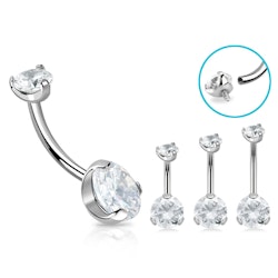 Navelsmycke banana 1,6mm i titanium - invändigt gängad med 8mm klar kubisk zirconia