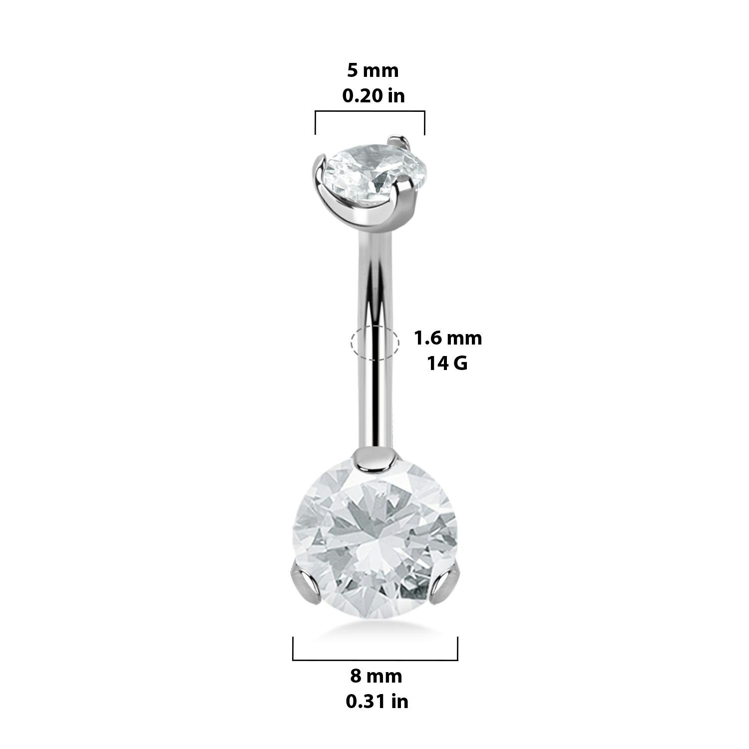 Navelsmycke banana 1,6mm i titanium - invändigt gängad med 8mm klar kubisk zirconia