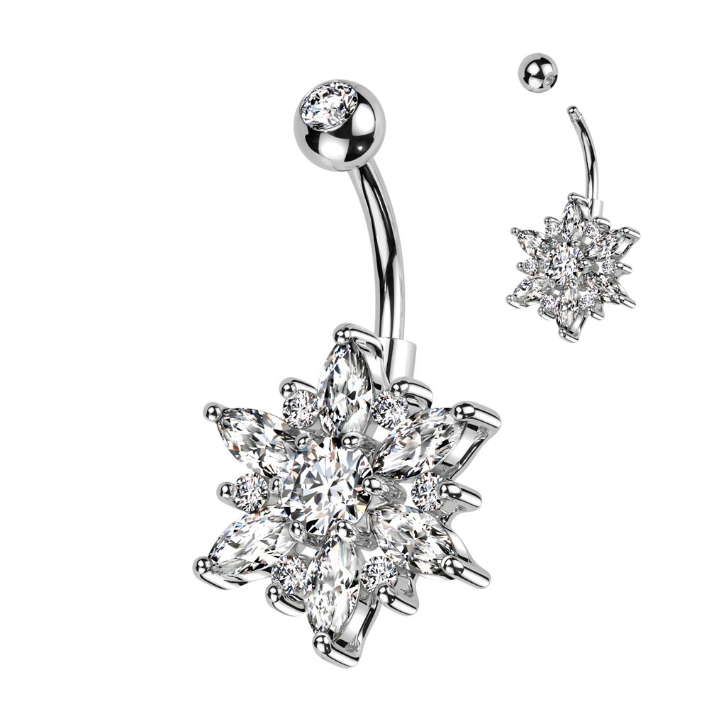Navelsmycke banana 1,6mm - Stor blomma med "marquise cut" kubisk zirconia