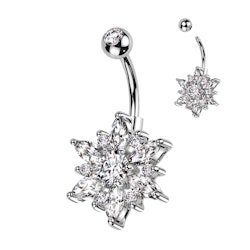 Navelsmycke banana 1,6mm - Stor blomma med "marquise cut" kubisk zirconia