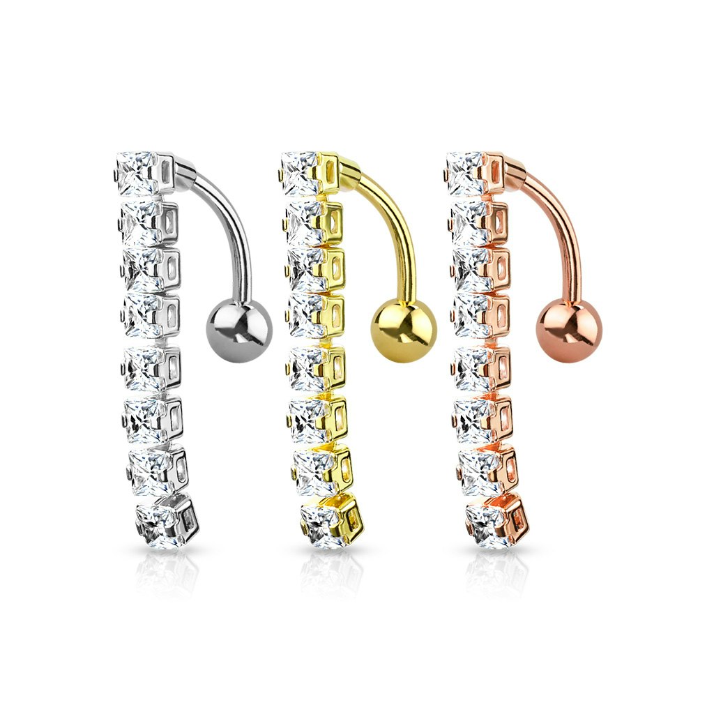 Navelsmycke banana 1,6mm drop down med 8st fyrkantiga kubisk zirconia