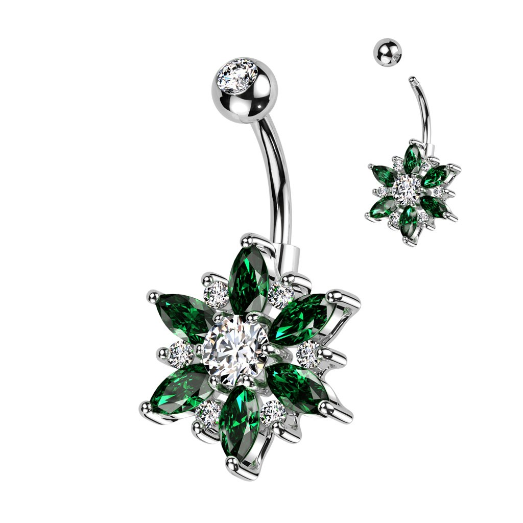 Navelsmycke banana 1,6mm - Stor blomma med "marquise cut" kubisk zirconia