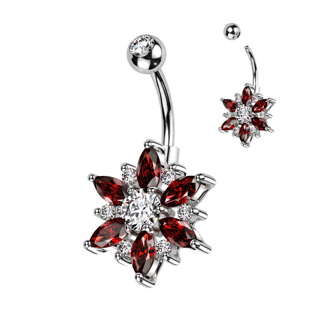 Navelsmycke banana 1,6mm - Stor blomma med "marquise cut" kubisk zirconia
