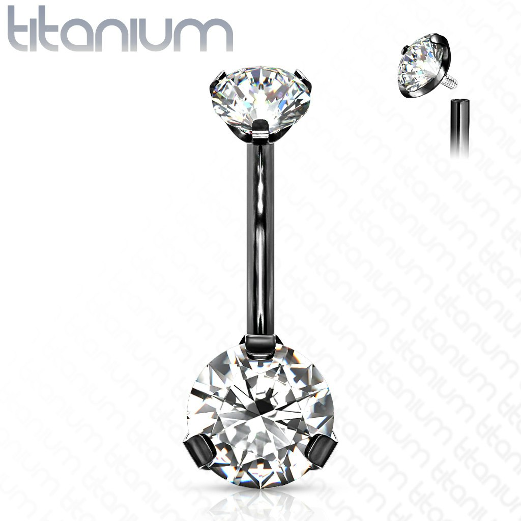 Navelsmycke banana 1,6mm i titanium - invändigt gängad 5 och 8mm kubisk zirconia