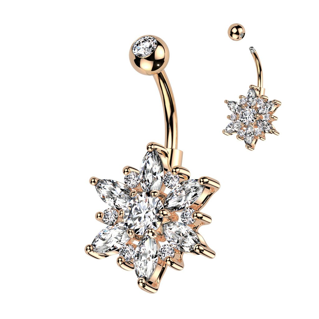 Navelsmycke banana 1,6mm - Stor blomma med "marquise cut" kubisk zirconia