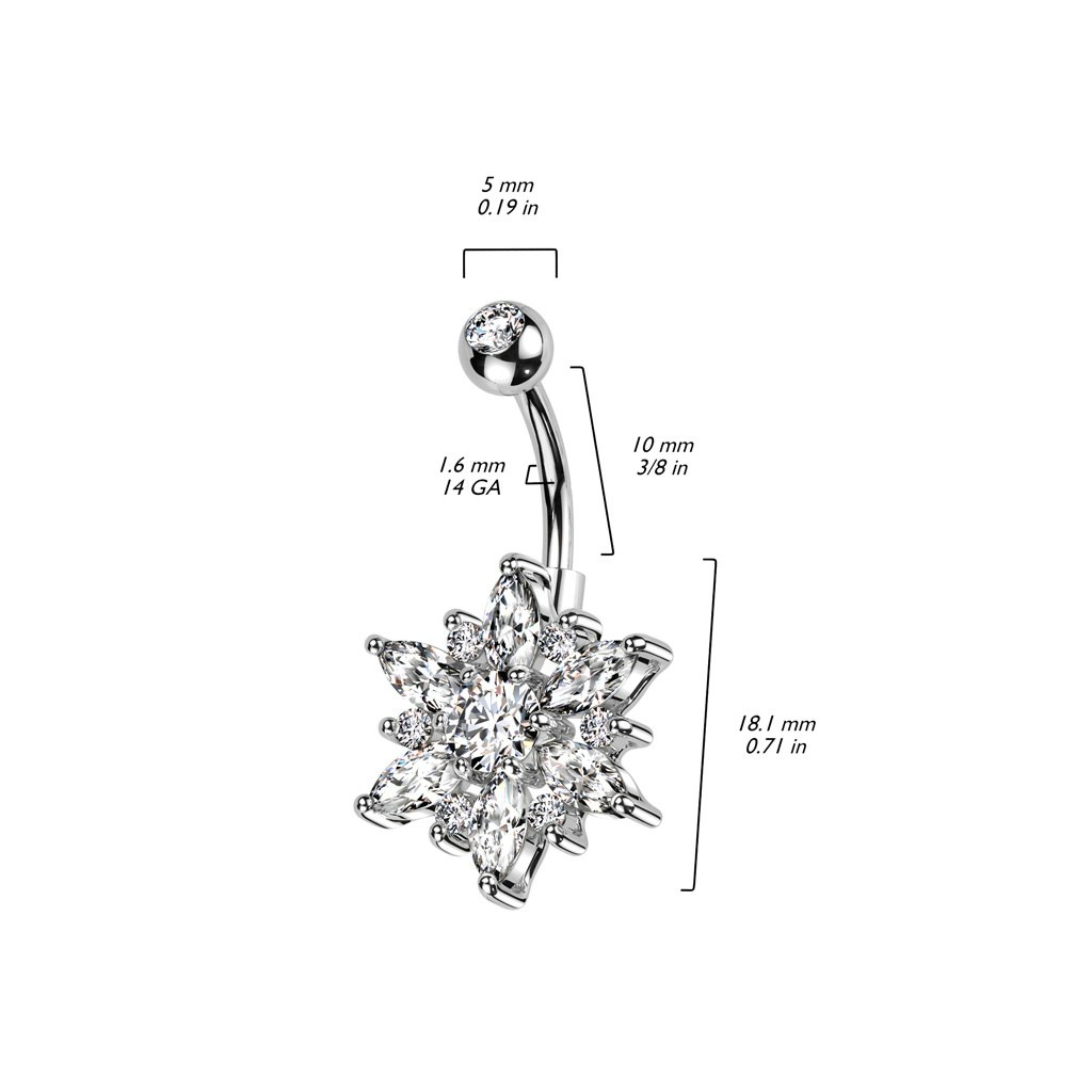 Navelsmycke banana 1,6mm - Stor blomma med "marquise cut" kubisk zirconia