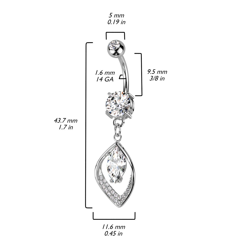 Navelsmycke banana 1,6mm med lövformat hänge med kubisk zirconia