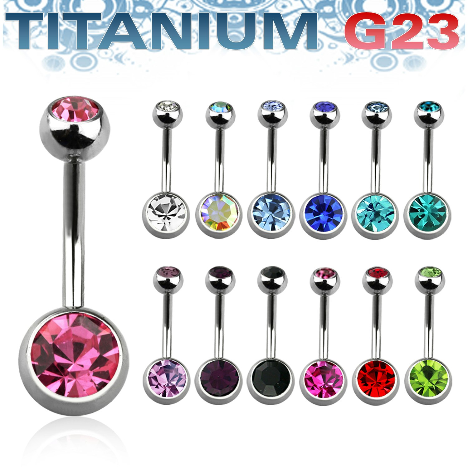 Titanium banana navelsmycke 1.6mm med 5 & 8mm crystalkulor