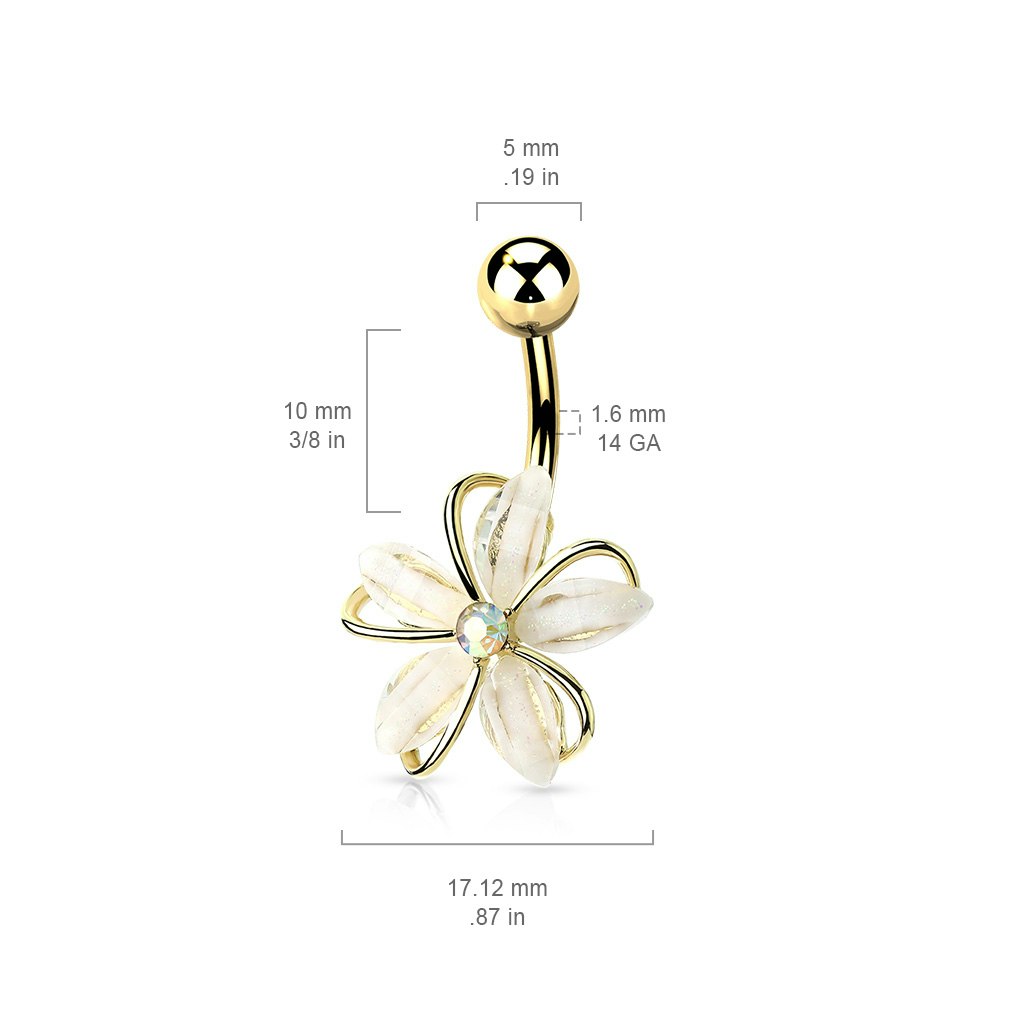Navelsmycke - Vit blomma med CZ center