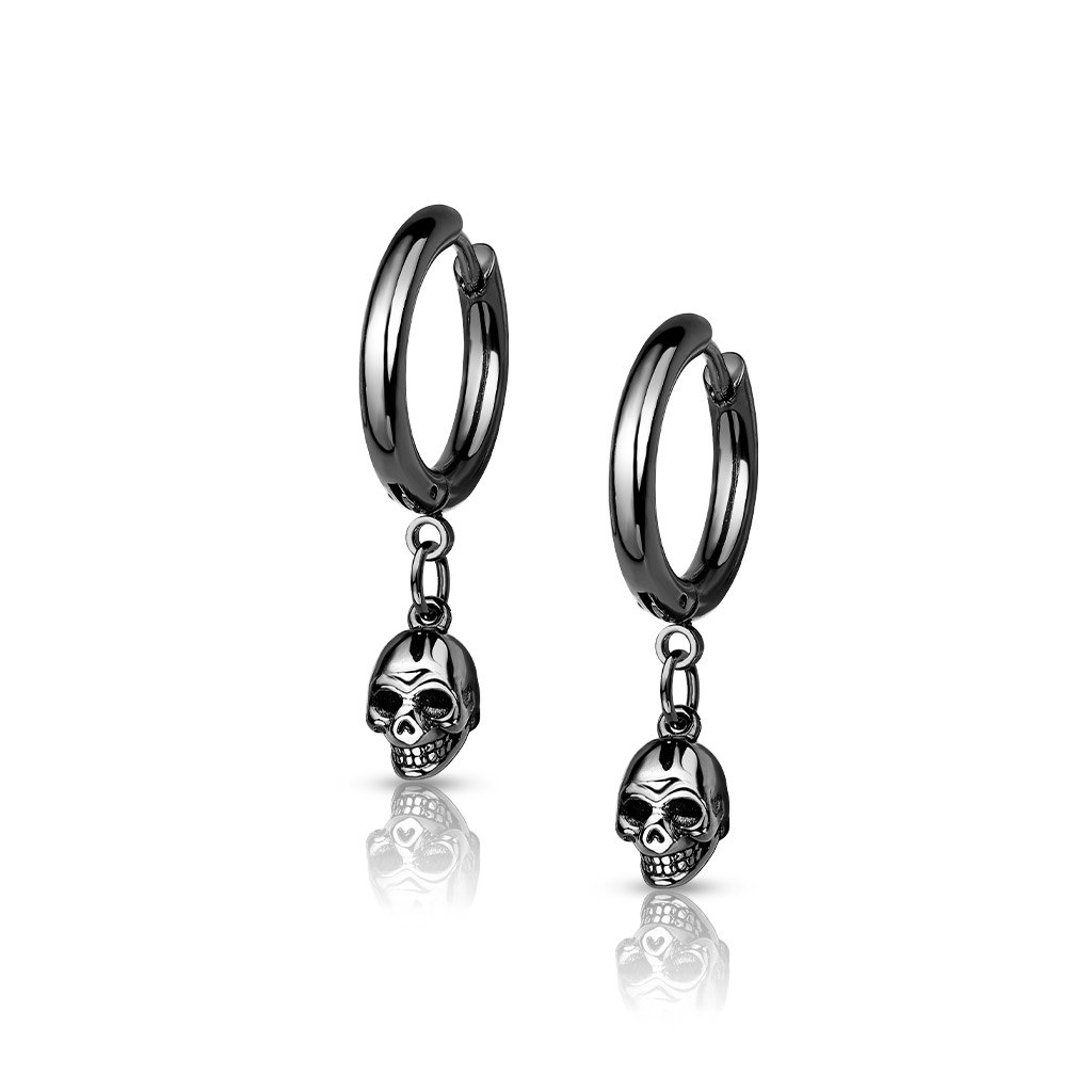 Black plated stainless steel skull huggie earrings (sold in pairs)