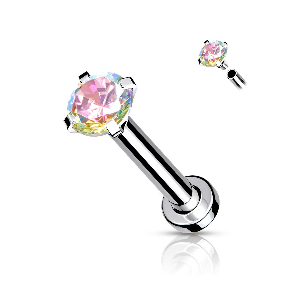 Flatback steel labret piercing with pronged cubic zirconia