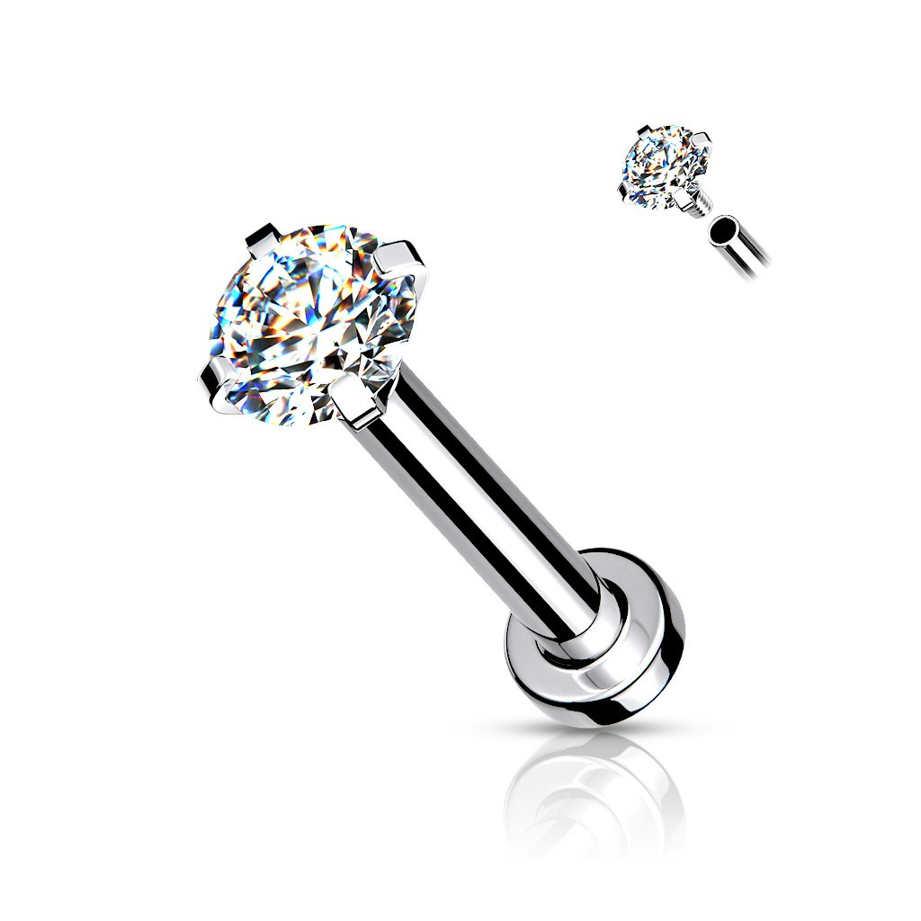 Flatback steel labret piercing with pronged cubic zirconia