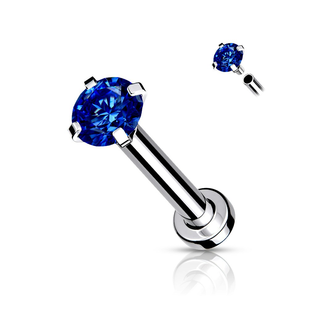 Flatback steel labret piercing with pronged cubic zirconia