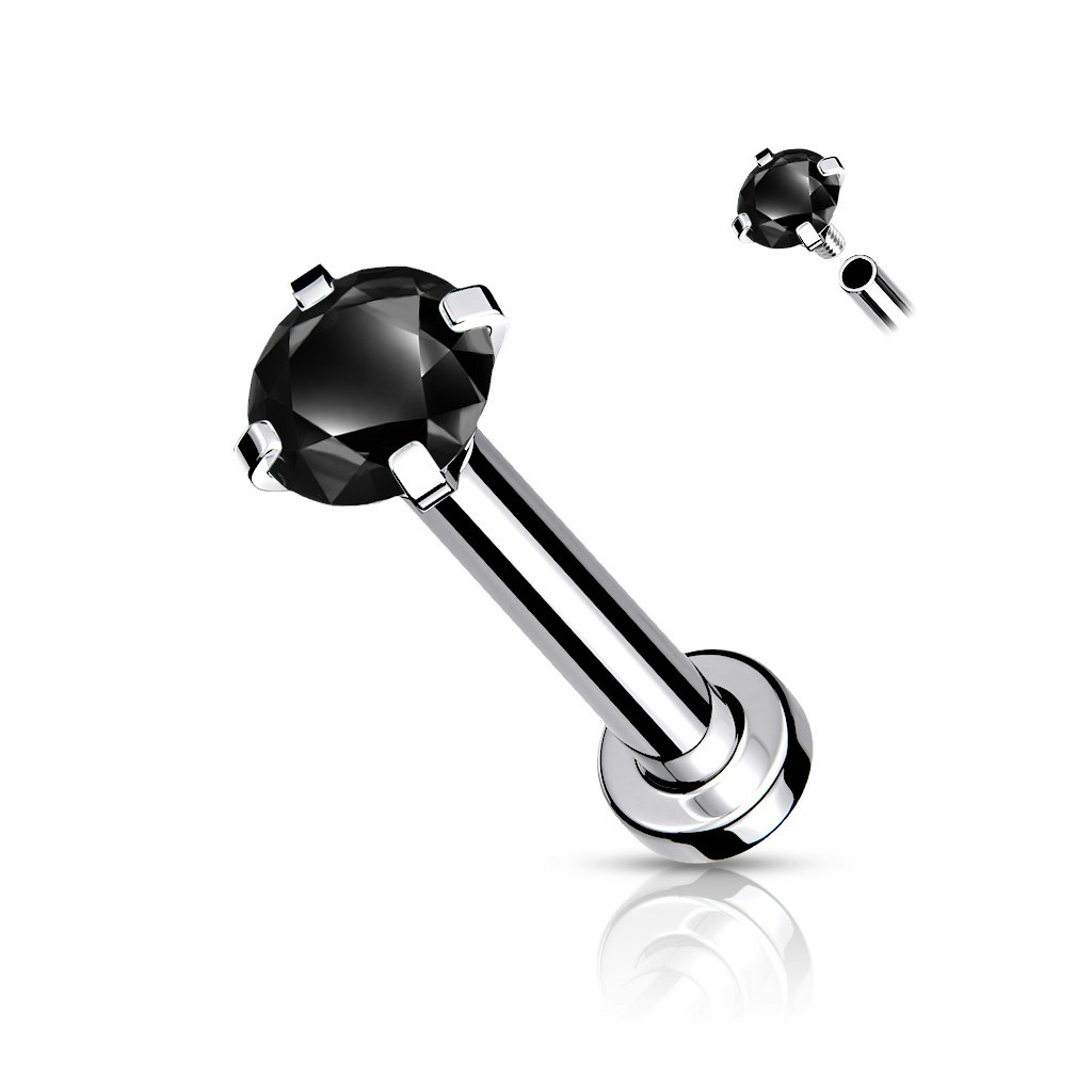 Flatback steel labret piercing with pronged cubic zirconia