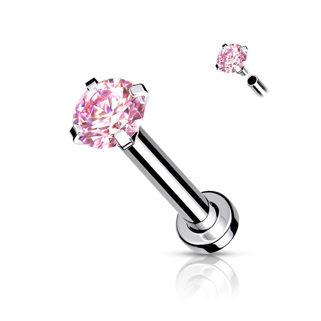 Flatback steel labret piercing with pronged cubic zirconia