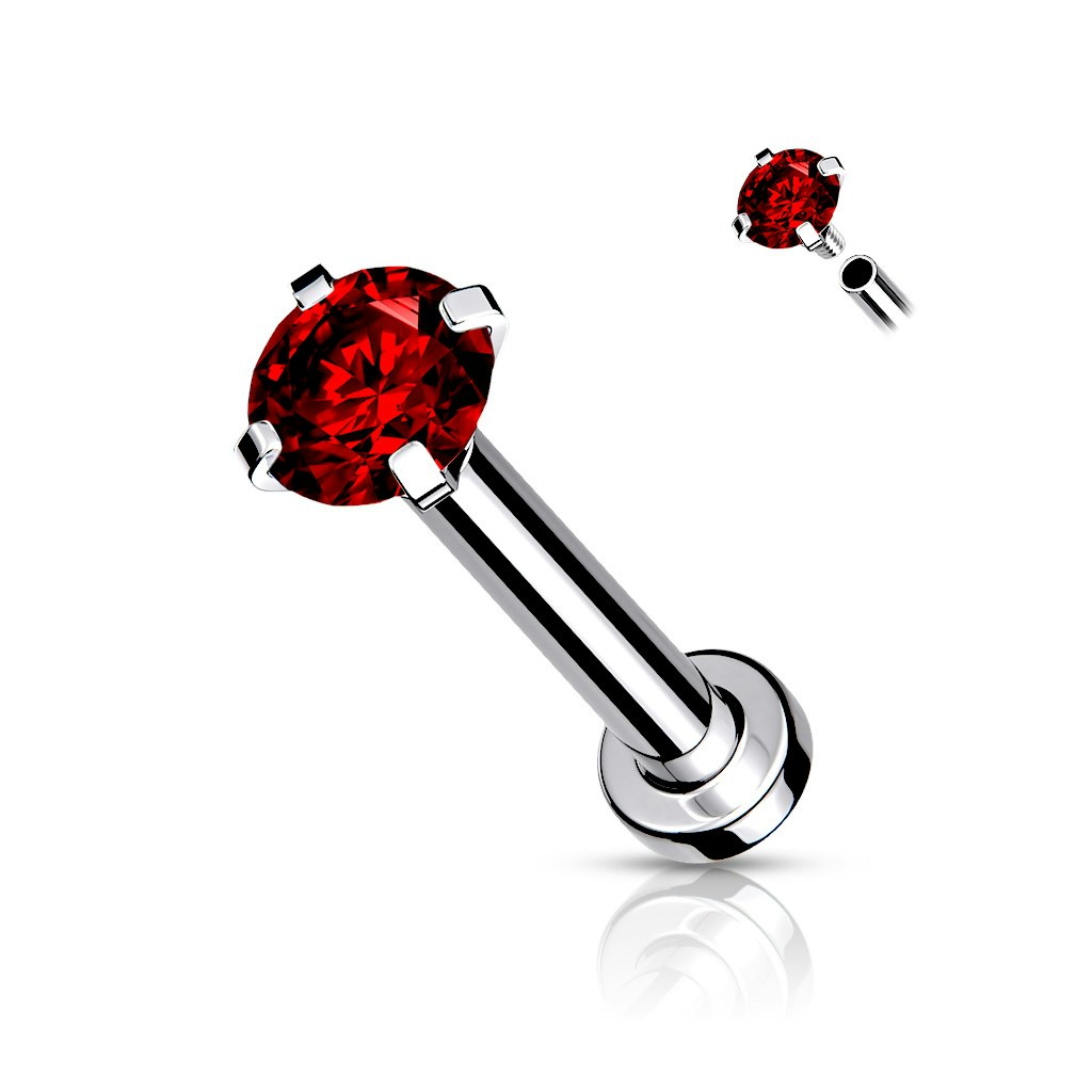 Flatback steel labret piercing with pronged cubic zirconia