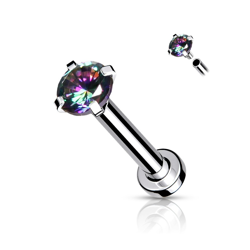 Flatback steel labret piercing with pronged cubic zirconia