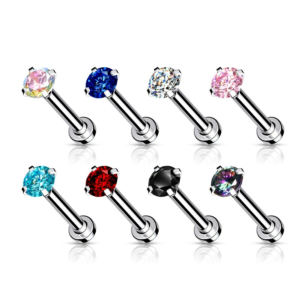Flatback steel labret piercing with pronged cubic zirconia