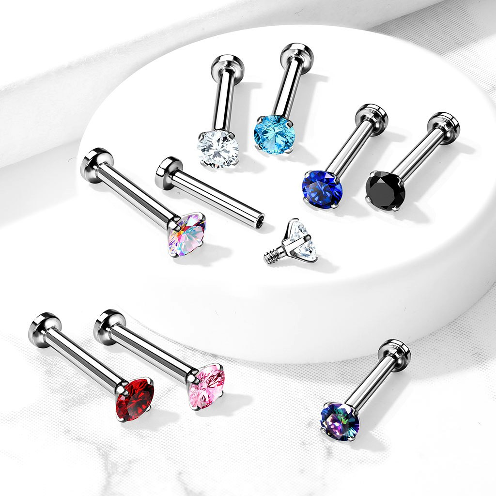 Flatback steel labret piercing with pronged cubic zirconia