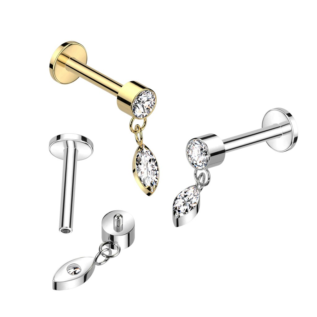 Titanium labret / flat back 1.2mm - "marquise cut" kubisk zirconia