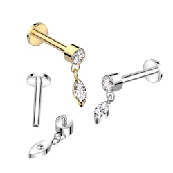 Titanium labret / flat back 1.2mm - "marquise cut" kubisk zirconia