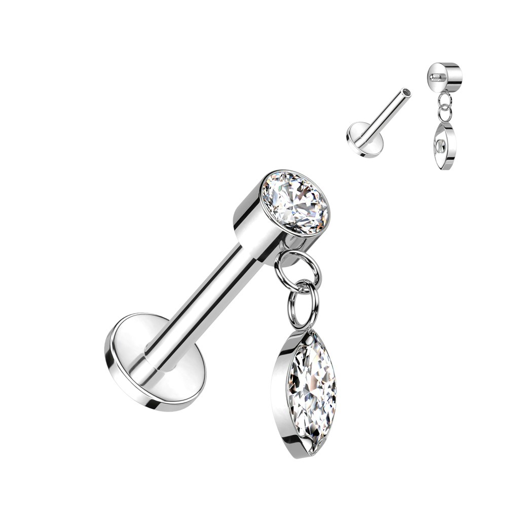 Titanium labret / flat back 1.2mm - "marquise cut" kubisk zirconia