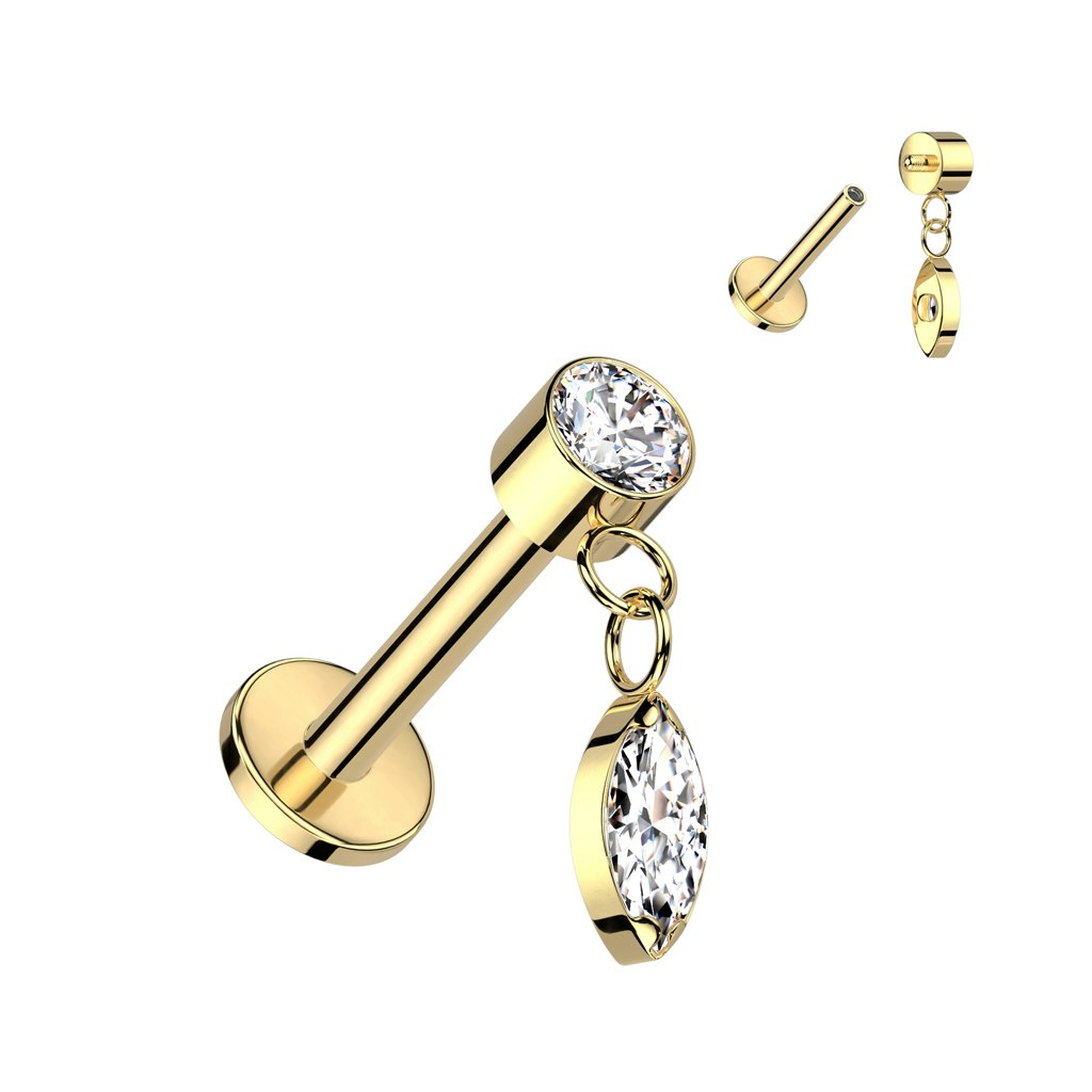 Titanium labret / flat back 1.2mm - "marquise cut" kubisk zirconia