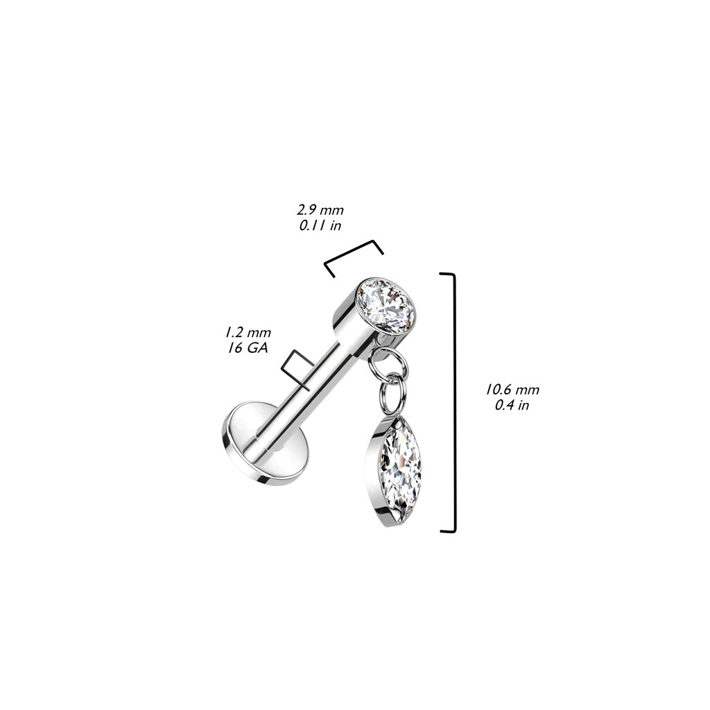 Titanium labret / flat back 1.2mm - "marquise cut" kubisk zirconia