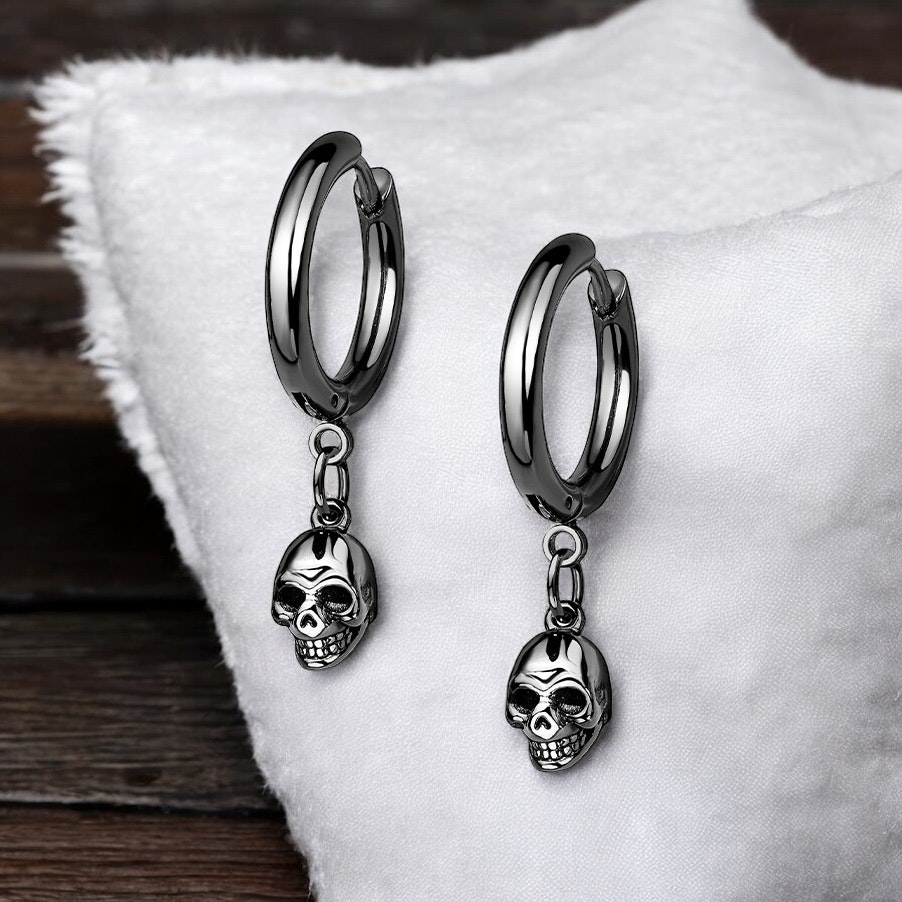 Black plated stainless steel skull huggie earrings (sold in pairs)