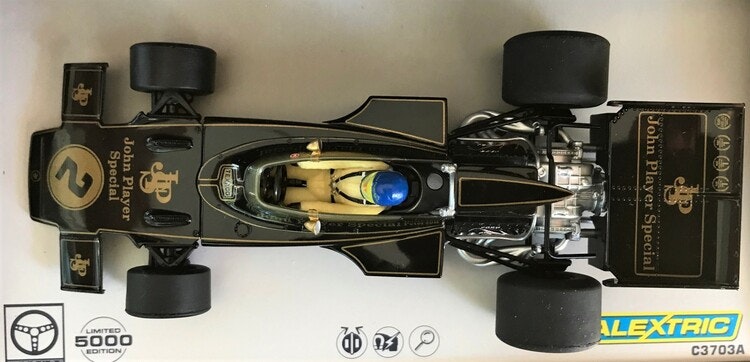 Scalextric-modell: Ronnie Peterson i Lotus-seger, Frankrikes GP 1973, skala 1:32, dekaler