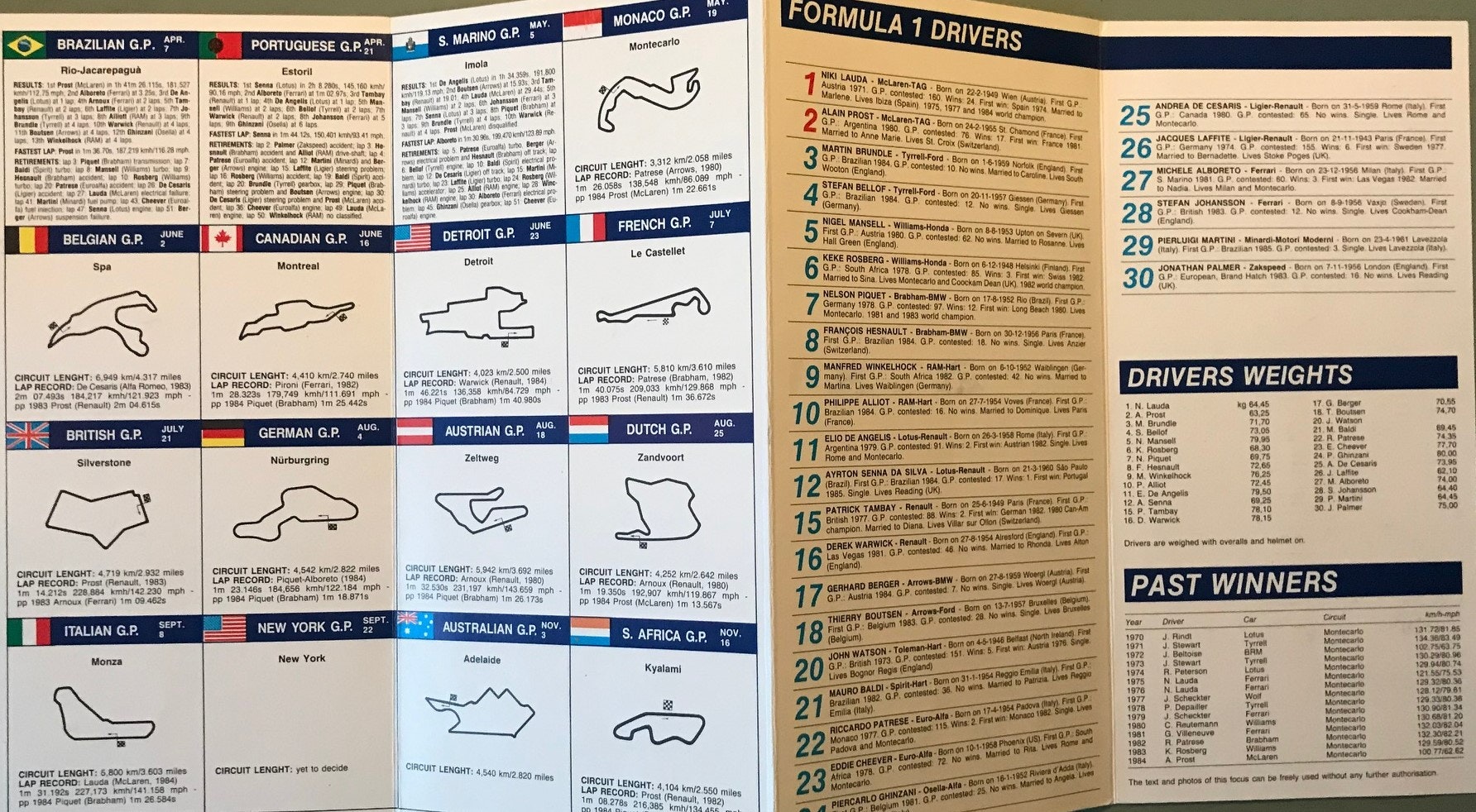 1985 Monacos GP/ Prost/Senna - 12-sidig folder från sponsorn SAIMA, format 11x23 cm