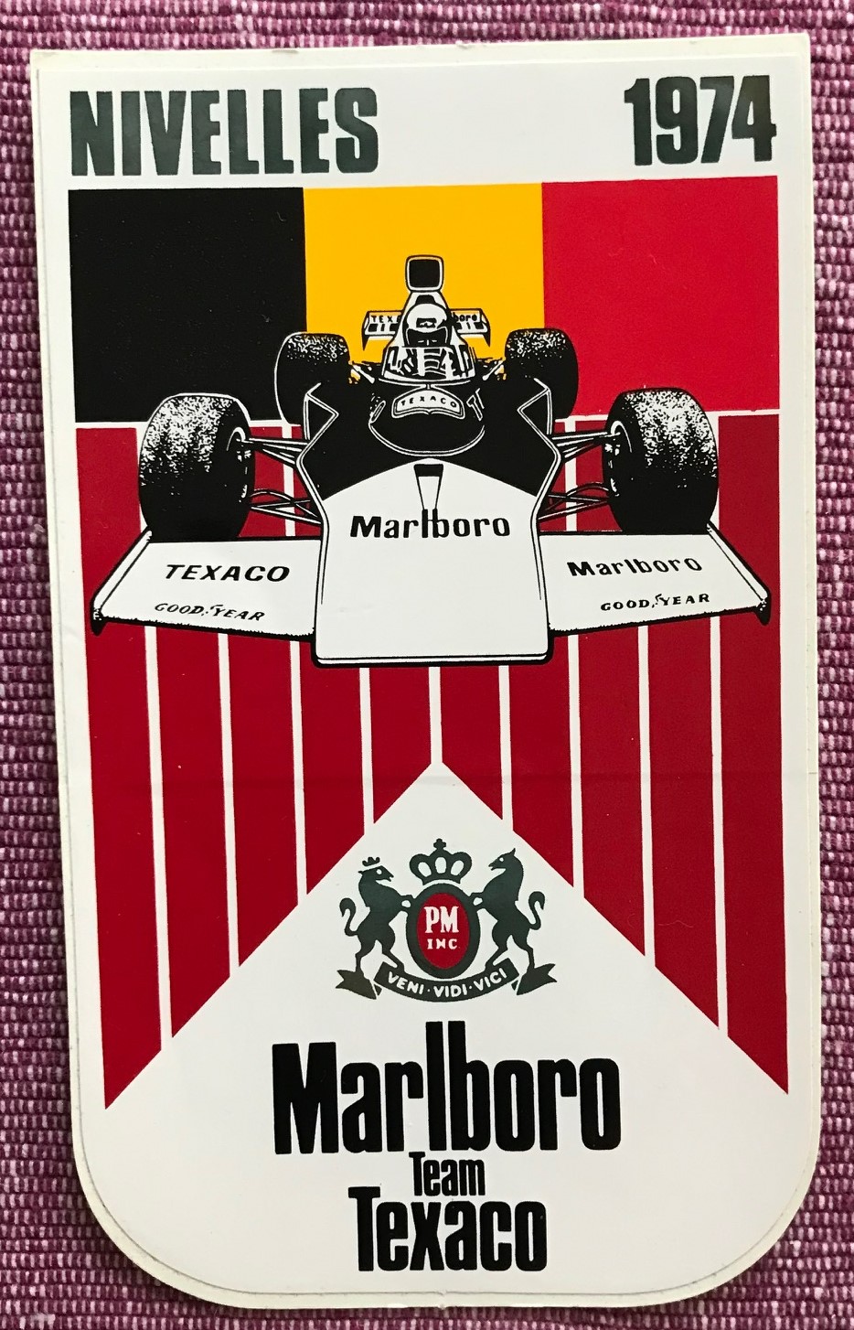 Marlboro Grand Prix-dekal - Belgiens GP på Nivelles 1974 - original - 80 x 130 mm