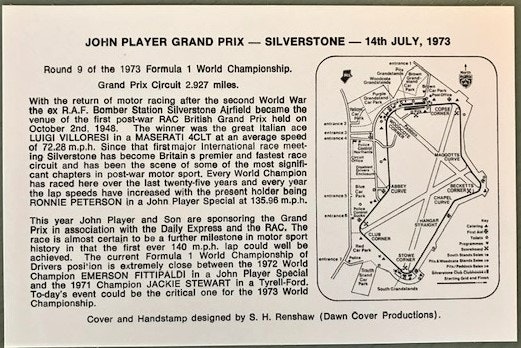 Ronnie Peterson 2a - Englands GP, Silverstone '73, minnesbrev, sep. infokort