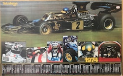 Ronnie Peterson-affisch, Tekn Värld-kalender '74, format 55x87cm, monterad, veck