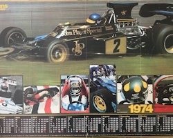 Ronnie Peterson-affisch, Tekn Värld-kalender '74, format 55x87cm, monterad, veck