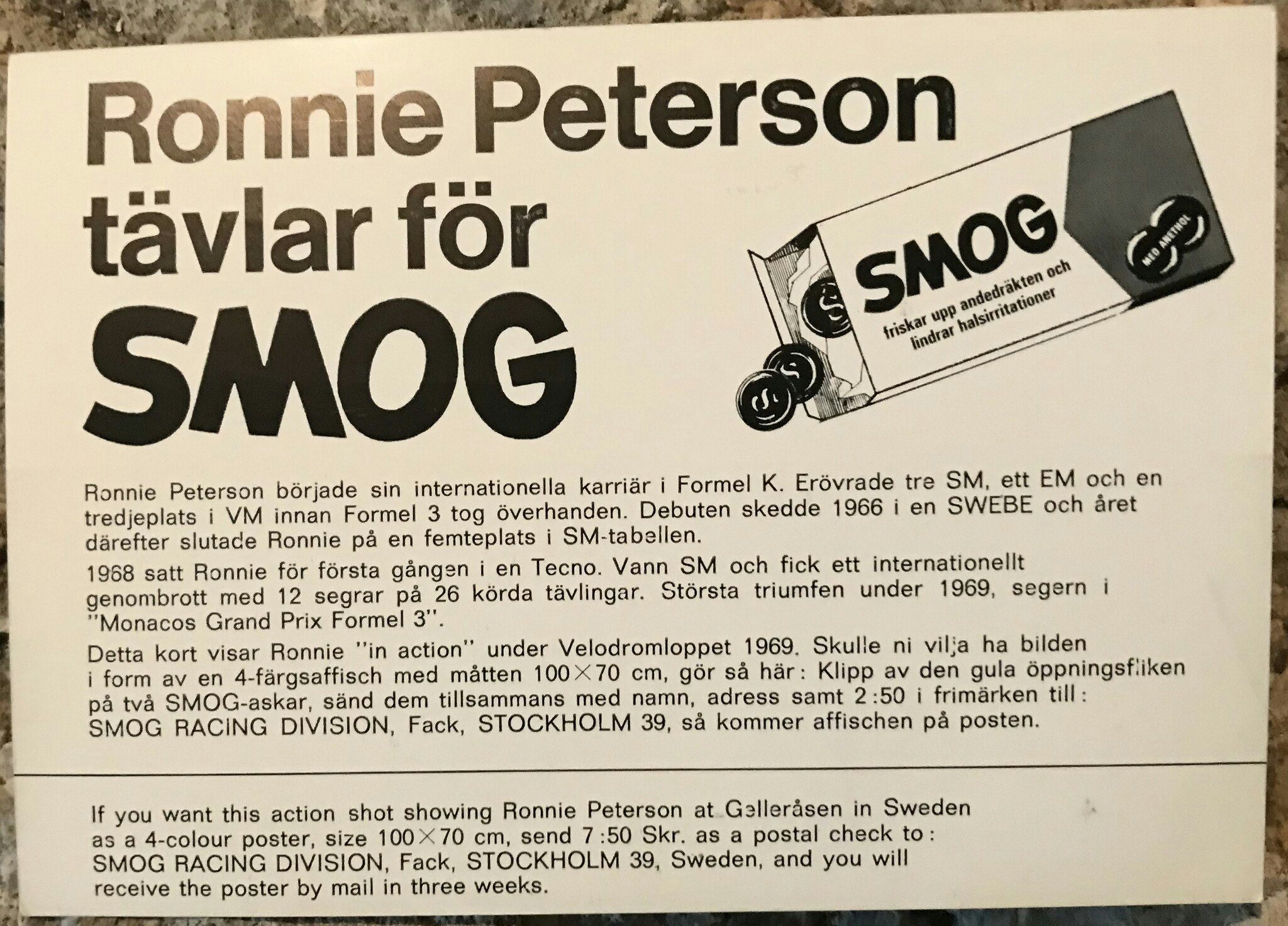 Ronnie Peterson F3 1969 - SMOG - reklamkort - 10 x 15 cm