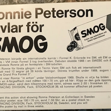 Ronnie Peterson F3 1969 - SMOG - reklamkort - 10 x 15 cm