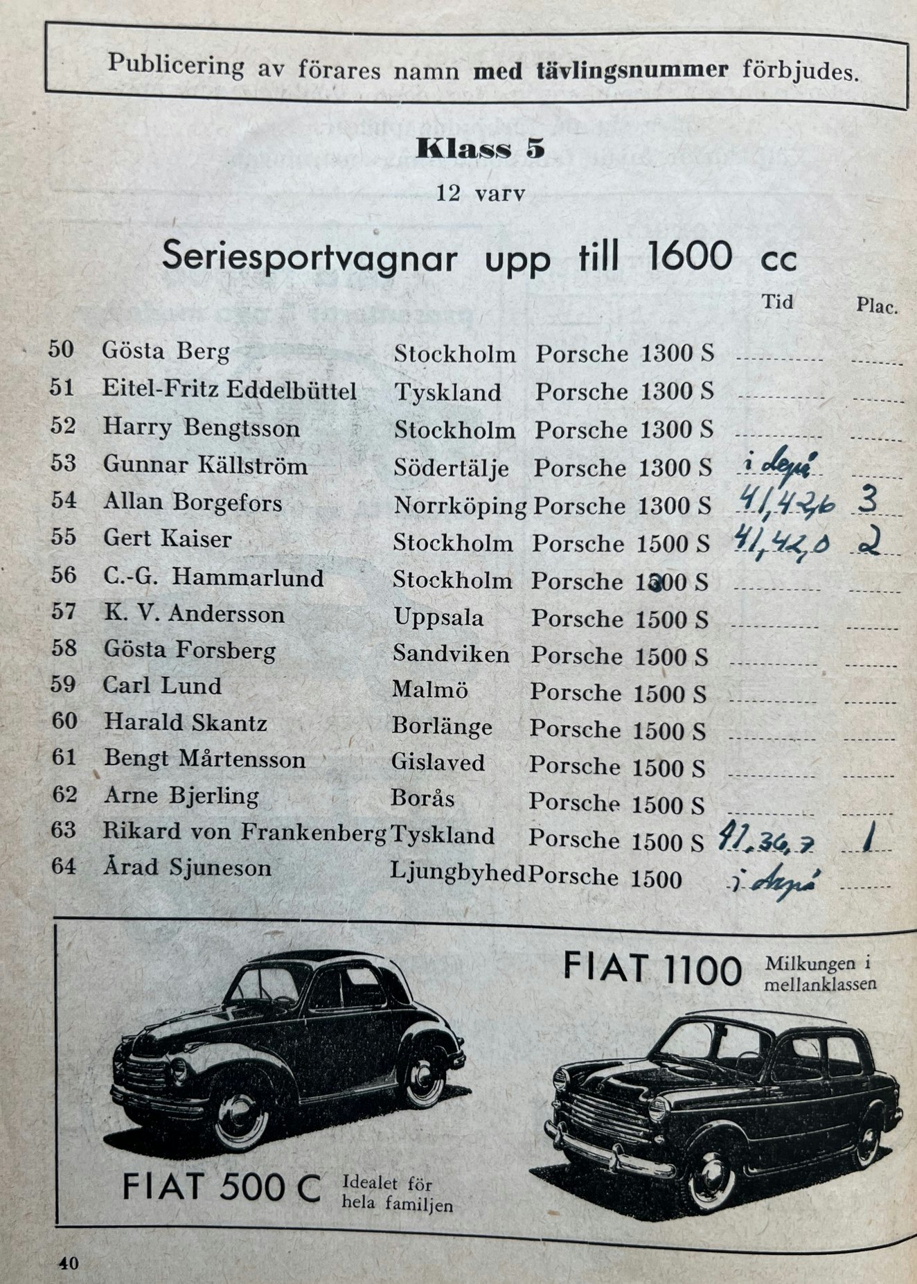 Hedemora - KAK 1954 - sportbilar på GP-bana, program 60 sid, 15x21 cm, bra skick