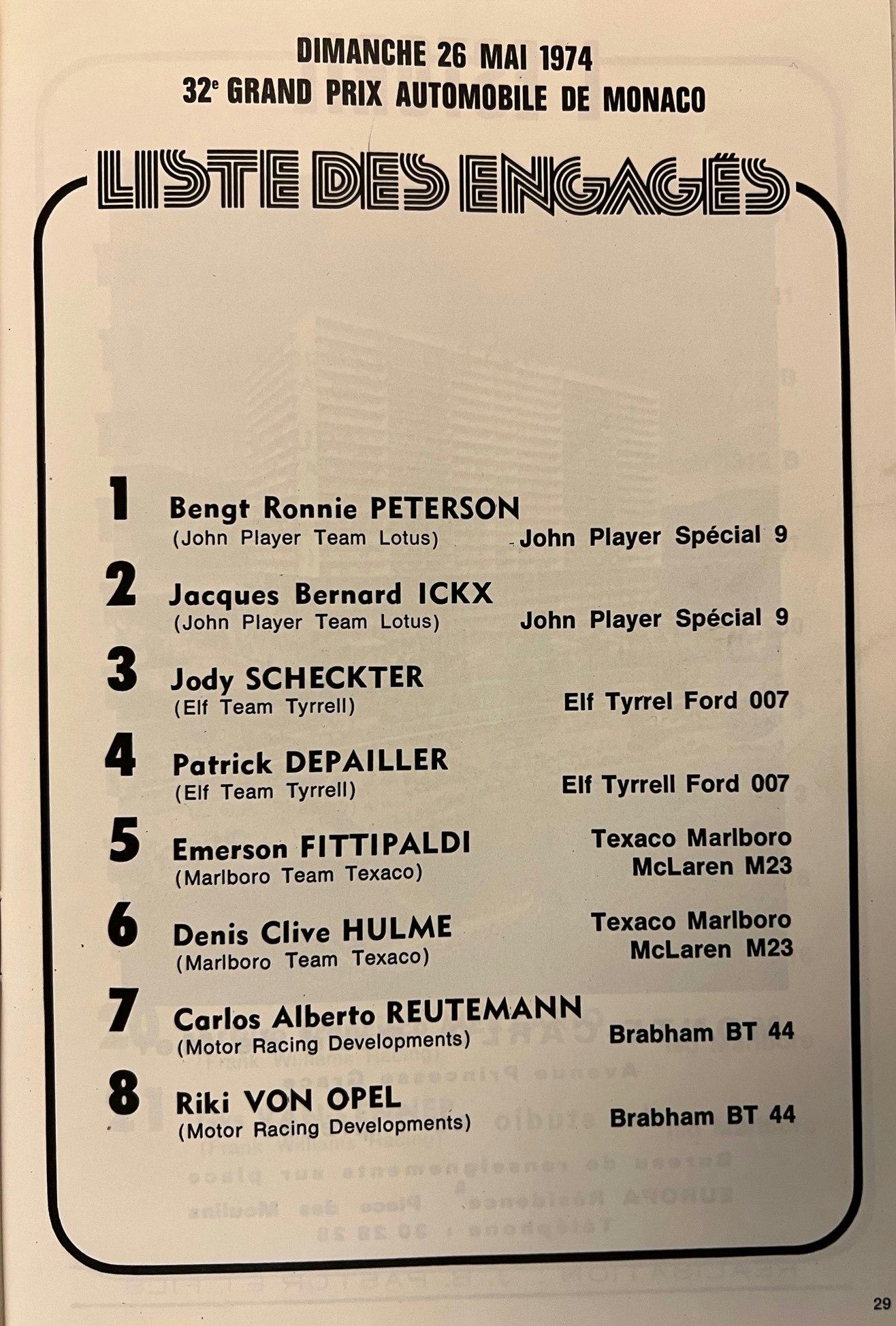 Ronnie Peterson - Monaco GP program 1974 - winner!