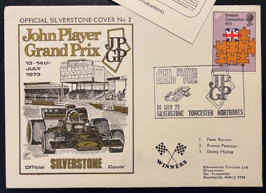 Ronnie Peterson, Silverstone i GP 1973, kuvert, stämpel, info