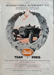 Audi, Zwickau, Int Alpenfahrt 1913, tysk annons, 25 x 35 cm
