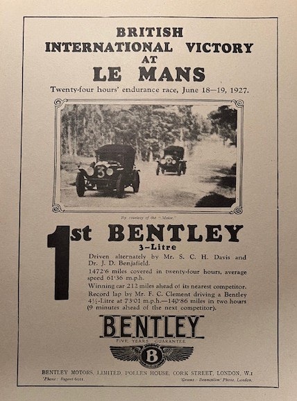 Bentley, Le Mans win 1927, Factory ad, format 21 x 30 cm